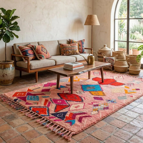 Alfombra Bereber Boujad de Lana - Estilo Mid-Century Rosa y Naranja