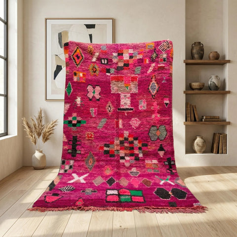 Alfombra Bereber Boujad de Lana - Naranja Atardecer y Fucsia