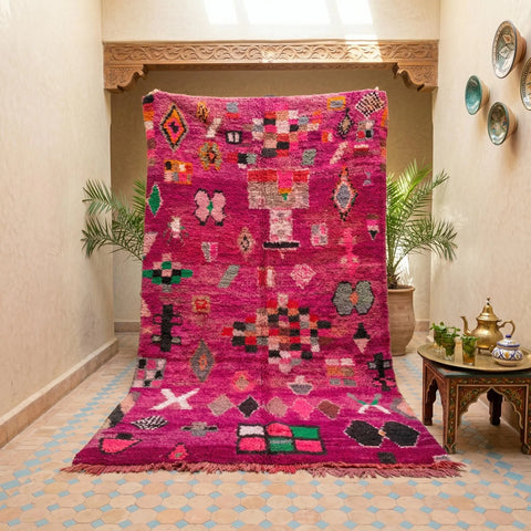 Alfombra Bereber Boujad de Lana - Naranja Atardecer y Fucsia