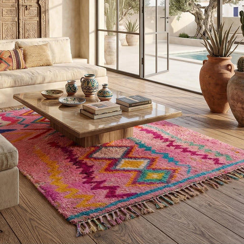 Alfombra Bereber Boujad Artesanal de Lana - Rosa Fucsia y Multicolor