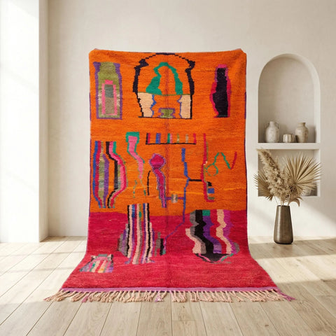 Alfombra Bereber Boujad de Lana - Naranja Atardecer y Fucsia