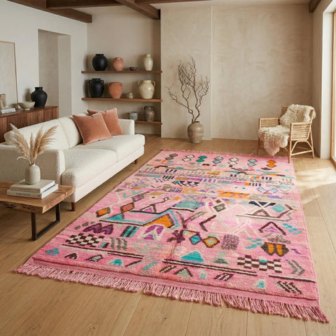 Alfombra Bereber Boujad de Lana - Rosa, Naranja y Turquesa