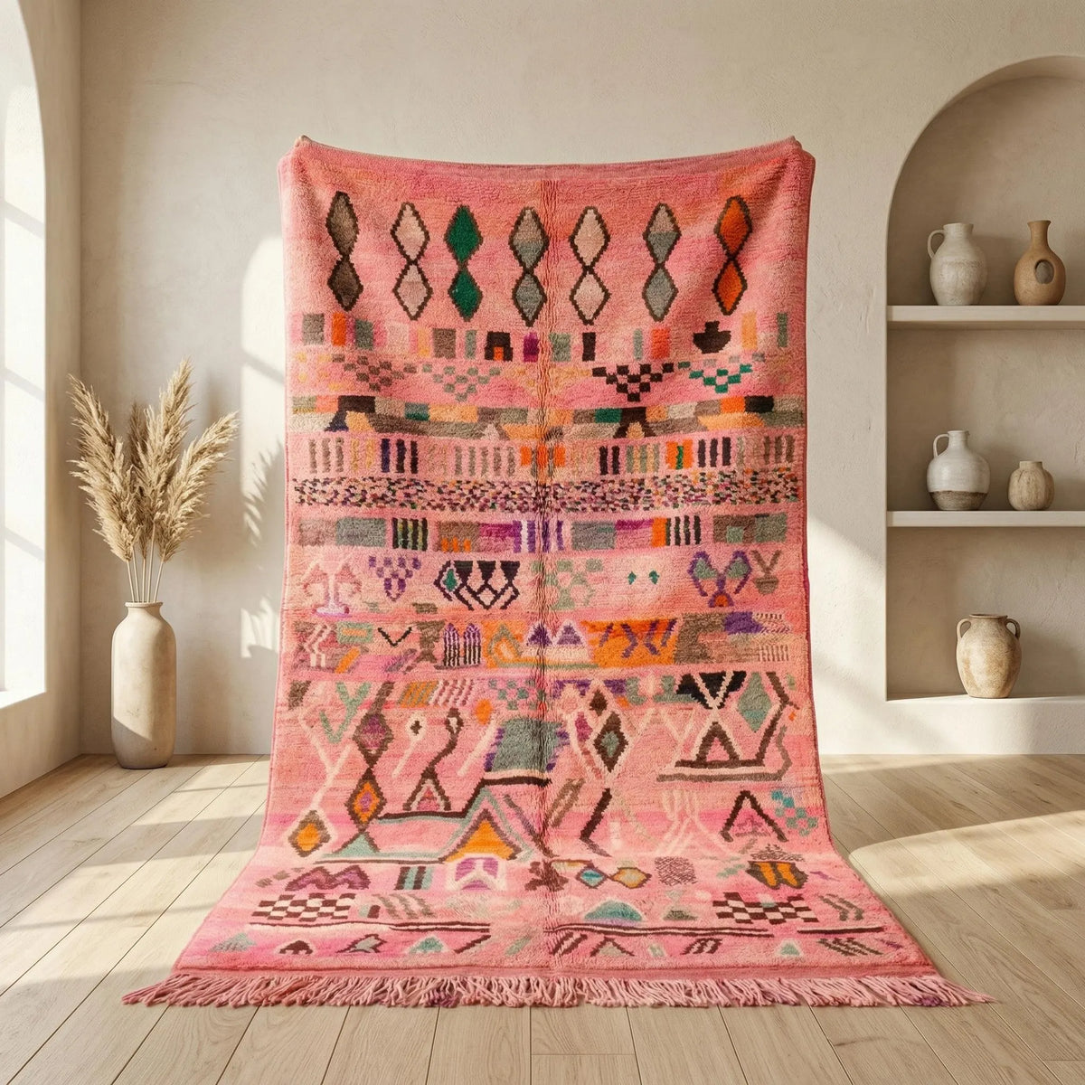 Alfombra Bereber Boujad de Lana - Rosa, Naranja y Turquesa
