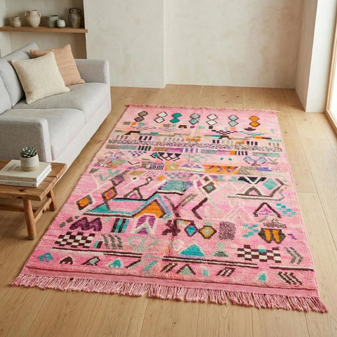 Alfombra Bereber Boujad de Lana - Rosa, Naranja y Turquesa