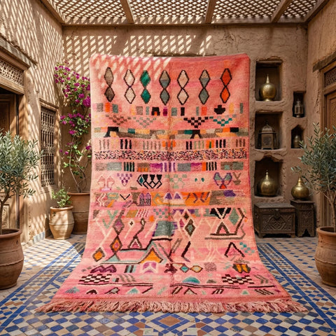 Alfombra Bereber Boujad de Lana - Rosa, Naranja y Turquesa