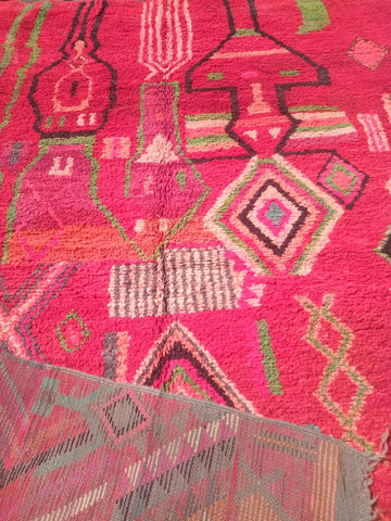 Alfombra Bereber Boujad de Lana - Rojo con Rombos Gris y Turquesa