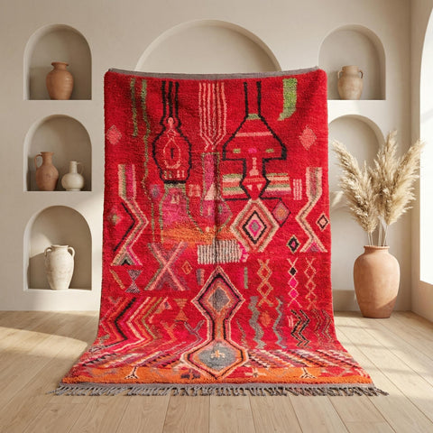 Alfombra Bereber Boujad de Lana - Rojo con Rombos Gris y Turquesa