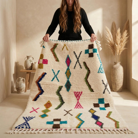 Alfombra Bereber Azilal de Lana Artesanal - Estilo Boho y Tribal para Salón