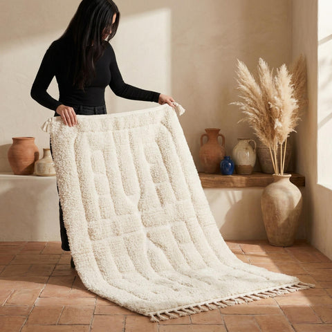 Alfombra Bereber Azilal de Lana Artesanal - Diseño Geométrico Relieve para Salón