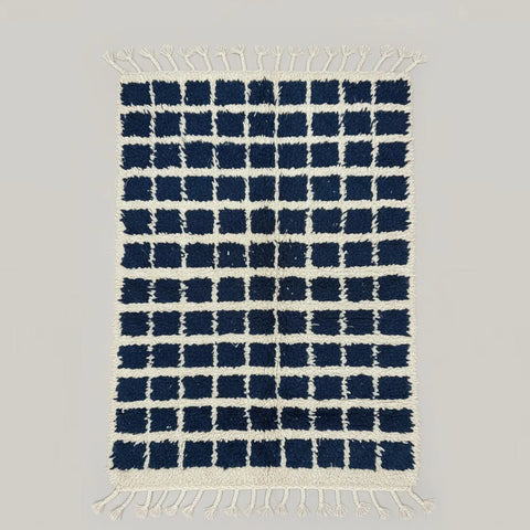 Alfombra Bereber Beni Ourain de Lana - Diseño Ajedrez Azul Marino