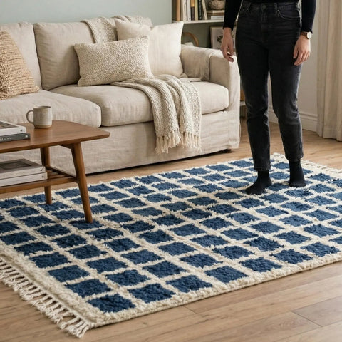 Alfombra Bereber Beni Ourain de Lana - Diseño Ajedrez Azul Marino