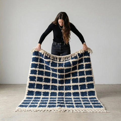 Alfombra Bereber Beni Ourain de Lana - Diseño Ajedrez Azul Marino