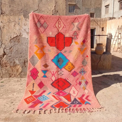 Alfombra Bereber Boujad de Lana - Estilo Mid-Century Rosa y Naranja