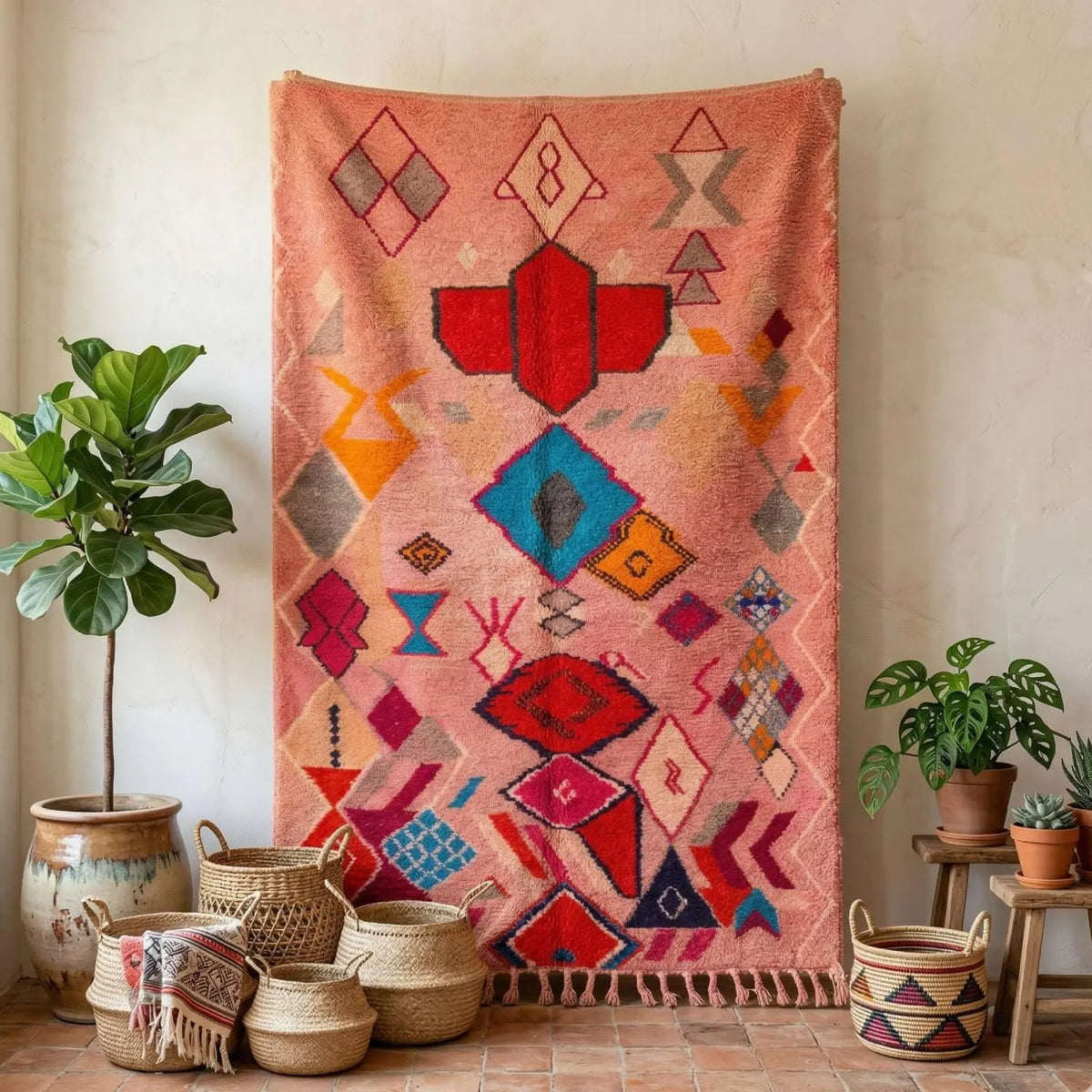 Alfombra Bereber Boujad de Lana - Estilo Mid-Century Rosa y Naranja