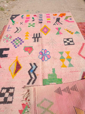 Alfombra Bereber Boujad de Lana - Rosa Abstracto y Multicolor