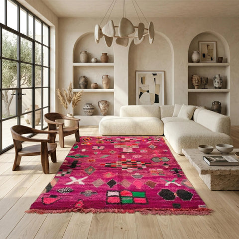 Alfombra Bereber Boujad de Lana - Naranja Atardecer y Fucsia