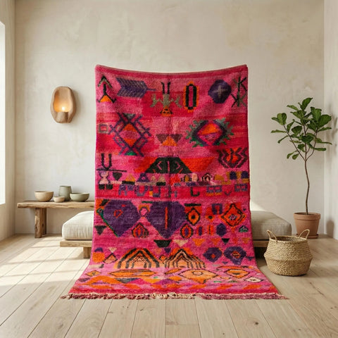 Alfombra Bereber Boujad Artesanal de Lana - Diseño Abstracto Rosa Fucsia
