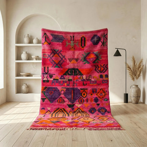 Alfombra Bereber Boujad Artesanal de Lana - Diseño Abstracto Rosa Fucsia
