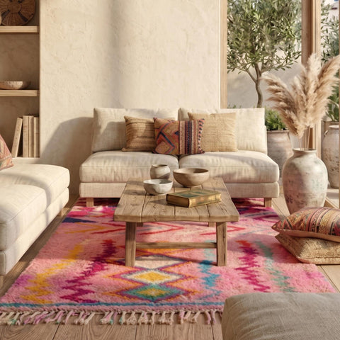 Alfombra Bereber Boujad Artesanal de Lana - Rosa Fucsia y Multicolor