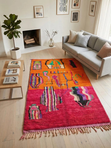 Alfombra Bereber Boujad de Lana - Naranja Atardecer y Fucsia