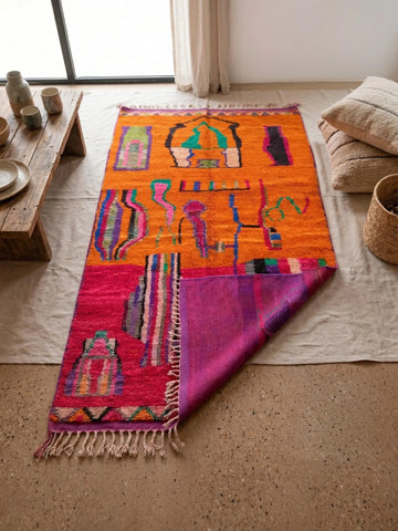 Alfombra Bereber Boujad de Lana - Naranja Atardecer y Fucsia