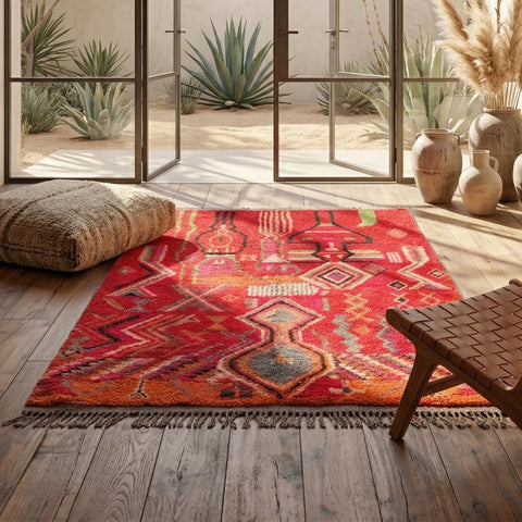 Alfombra Bereber Boujad de Lana - Rojo con Rombos Gris y Turquesa