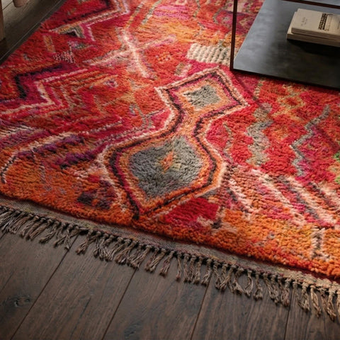 Alfombra Bereber Boujad de Lana - Rojo con Rombos Gris y Turquesa