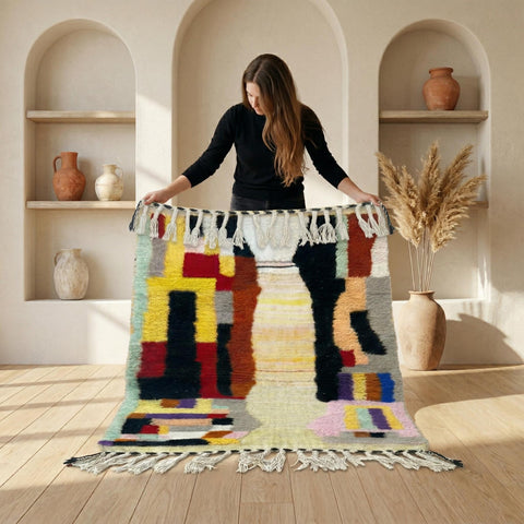 Alfombra Bereber Azilal de Lana Artesanal - Diseño Geométrico Multicolor