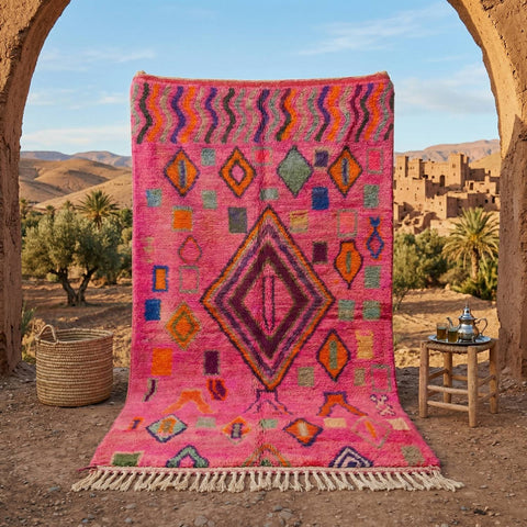Alfombra Boujad Marroquí Artesanal en Rosa Fucsia Vibrante - Lana Natural