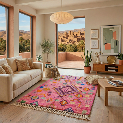 Alfombra Boujad Marroquí Artesanal en Rosa Fucsia Vibrante - Lana Natural