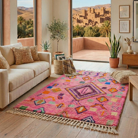 Alfombra Boujad Marroquí Artesanal en Rosa Fucsia Vibrante - Lana Natural